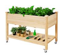 HOMASIS Jardinière surélevée en bois avec roulettes et étagère, bac à fleurs, pour jardin, balcon, terrasse, avec trous de drainage et non-tissé intérieur, parterre de fleurs, 120 x 59 x 84 cm