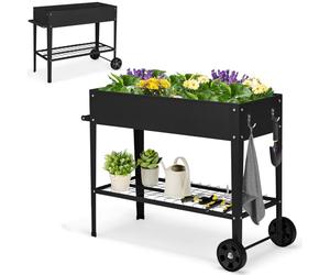 HOMASIS Jardinière Surélevée Extérieur, Lit de Jardin avec 2 Roues et Une poignée, Filet, 2 Crochets, Bacs à Plantes avec Etagère de Rangement, 95 x 40 x 80 cm (Noir)