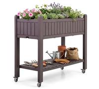 HOMASIS Jardinière Surélevée Mobile avec roulettes et Étagère de Rangement, Bac à Plantes en PP avec Trou de Drainage, Lit de Jardin pour Terrasse et Balcon, 108x44x88.5cm, Marron