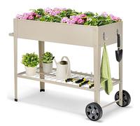 HOMASIS Jardinière surélevée pour l'extérieur, Parterre de Fleurs surélevé en métal, en Filet et 2 Crochets, Chariot de Culture Haut avec 2 Roues et Une poignée, Beige, 95 x 40 x 80 cm