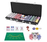 HOMASIS Jeu de Poker Avec Jetons Laser - Coffret Avec 2 Jeux de Cartes, 5 Dés, 1 Bouton de Croupier - Serrure Incluse - Pour Fêtes (Noir, 500 Jetons)
