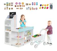 HOMASIS Jeu de Supermarché avec Chariot de Courses pour Enfants, Magasin en Bois avec Rangement,Tableau Noir,Caisse Enregistreuse,Tapis Roulant Mobile, Accessoires,Lumières LED pour Enfant 3 Ans et+