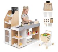 HOMASIS Jouet de Magasin en Bois pour Enfant avec Chariot de Courses | Stand de Marché avec Lecteur de Carte, Carte Bancaire, Caisse Enregistreuse, Tableau à Craie, Jeu d’Imitation pour 3+