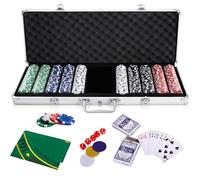 HOMASIS Kit de poker avec 500 jetons, valise de poker avec 2 jeux de cartes, 5 dés, tapis de casino, 3 boutons de croupier, mallette de poker verrouillable professionnelle en aluminium, jeu complet de