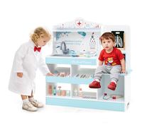 HOMASIS Kit Médecin pour Enfants en Bois, Kit Médical pour Fille avec Lavabo, Examen de la Vue, Électrocardiogramme, Montre et Radiographie, Jeu d'Infirmière Simulation pour Enfants de 3+ Ans (Bleu)