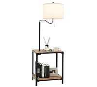 HOMASIS Lampadaire sur Pied avec 2 Étagères, Lampe avec Table de rangement, Port USB, Lampe pour Salon, Chambre, Lampadaire à Lumière Chaude E27, Abat-jour en Lin, Bois Naturel, 49 x 33,5 x 140 cm