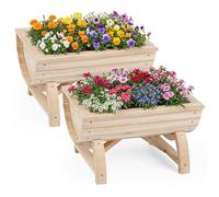 HOMASIS Lot de 2 Jardinières Surélevées, Bac à Fleurs en Bois de Sapin avec Trou de Drainage pour Légumes, Herbes, Potager Décoratif Extérieur en Demi-Tonneau pour Terrasse, Balcon, 39 x 30 x 24 cm