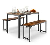 HOMASIS Lot de 3 pièces de cuisine, table et 2 bancs, salle à manger en bois et acier, décoration industrielle, bar, bureau, salon, 110 x 70 x 75 cm, 96 x 27 x 45,5 cm (marron)