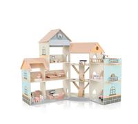 HOMASIS Maison de Poupée sur 3 Niveaux en Bois pour Enfants 3 Ans +, Jeu de Maison de Poupée 42 Meubles et Accessoires avec 7 Pièces, Jolie Maison de Rêve Princesse pour Poupées (Orange)