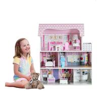 HOMASIS Maison de poupées avec Meubles & Accessoires, Maison de poupées Rose en Bois, Villa de poupées avec 3 étages & 5 Chambres, Cadeau pour Les Filles, Dollhouse Villa de rêve pour Les Enfants