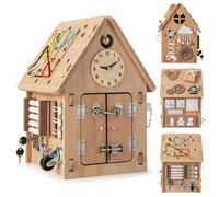 HOMASIS Maison des jeux pour enfants en bois, maison des divertissements avec horloge, robinet, interrupteur, minuteur, prise et prise, jeux sensoriels et montessori pour enfants à partir de 3 ans