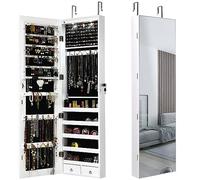 HOMASIS Miroir Boîte à bijoux mural et porte, armoire à bijoux avec fermeture et lumières LED, miroir boîte à bijoux avec 2 tiroirs pour anneaux, boucles d'oreilles, 35,5 x 10 x 120 cm (blanc)