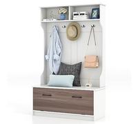 HOMASIS Porte-Manteau Vestiaire à Chaussures, Meuble d'Entrée Couloir avec Compartiments Ouverts, Banc et 5 Crochets Doubles, Porte-Manteau sur Pied pour Entrée, Salon, 100 x 40 x 160 cm (Blanc)