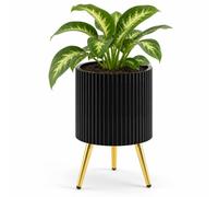HOMASIS Pot de 1 Fleur Exterieur Noir Texturé avec Trou de Drainage, Grand Pot à Plante sur Trépied Doré en Métal, Cache-Pot Design Minimaliste avec Patins Réglables pour Décoration Intérieur