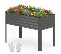 HOMASIS Potager sur Pieds en Métal, Jardinière Surélevée, avec Bords Arrondis, Système de Drainage, Charge 50KG, Carré Potager Surélevé pour Plantes, Fleurs, Légumes, 118 x 60 x 77,5 CM (Gris)
