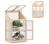 HOMASIS Serre de balcon en PC Verre, Miniserre de jardin avec 2 étagères et portes, serre de terrasse en bois de sapin (naturel, 69 x 58 x 121 cm)