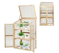 HOMASIS Serre de Balcon PC en Verre, Petite Serre de Jardin avec 2 Etagères et Portes, Serre de Terrasse en Bois d'Epicéa, Miniserre de Jardin pour Légumes Plantes Fleurs 60 x 45 x 100 cm, Naturelle