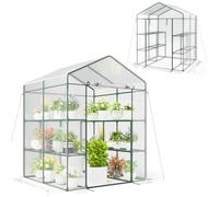 HOMASIS Serre de jardin en PVC avec 8 étagères et porte enroulable, 4 piquets et 4 cordes de traction, serre de balcon pour protection plantes, fleurs, légumes de croissance, 139 x 144 x 195 cm