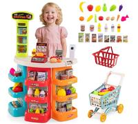 HOMASIS Supermarché avec chariot de courses et 29 accessoires, magasin avec lumière et son, magasin de marchands avec caisse, balance et scanner, stand de vente, magasin de supermarché, kit de jeu