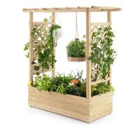 HOMASIS Support pour plantes d'extérieur, jardinière avec grille, étagère en bois pour plantes, grand support pour plantes grimpantes, jardinière surélevée avec drainage, pour jardin, balcon (naturel)