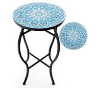HOMASIS Table d'appoint de jardin 30 x 30 x 50 cm avec motif mosaïque, support pour plantes avec plateau rond en métal et carrelage, table de balcon stable pour jardin, balcon et salon, bleue
