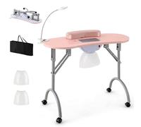 HOMASIS Table de manucure avec aspirateur, Table à Ongles Pliable avec Éclairage LED Réglable, 3 Sacs, Coussin et Sac de Rangement, Bureau Esthéticienne avec 4 Roulettes, 90 x 43 x 73 cm (ROSE)