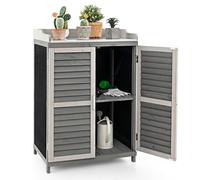 HOMASIS Table de Rempotage en Bois, Abri de Rangement avec Plateau en Métal et 2 Etagères, Armoire de Rangement Imperméable pour Jardin Terrasse Patio Arrière, 67 x 47 x 100 cm, Gris