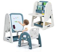 HOMASIS Table et Chaise Multi-activités pour Enfants 3-en-1, Tableau pour Enfants avec chevalet réglable en Hauteur et étagère à 2 Niveaux, Tableau réversible avec 1 Gomme et 4 stylos (Bleu)