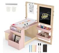 HOMASIS Tableau pour enfant 6 en 1 - En bois - Avec chevalet - Hauteur réglable - Avec tableau à craie, tableau blanc et rouleau de papier - Pour enfants à partir de 3 ans - Rose