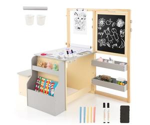 HOMASIS Tableau pour enfants avec double chevalet réglable, ensemble table et banc avec bibliothèque pour enfants, chevalet de peinture pour enfants pour la maison, le jardin d'enfants (Gris)