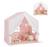 HOMASIS Tente pour Enfants Indoor, Tente de Jeu avec Tapis & Rideau & Drapeaux, Maison de Jeu en Structure Bois, Tente de lit pour Enfants Tente Princesse pour Enfant de 3 Ans (Rose)