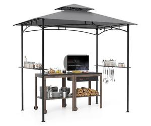 HOMASIS Tonnelle pour barbecue, tonnelle de jardin avec double toit, 2 tables et crochets, pergola pour extérieur, tonnelle pour grille/barbecue (gris, 242 x 150 x 250 cm)