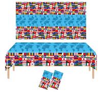 HOMAVEL 2 Pcs Nappe Drapeaux Monde 137x274cm Plastique Foot 2026 - Nappe Plastique avec Drapeaux Internationaux pour Décoration Coupe du Monde 2026, Anniversaire Foot, Buffet, Jardin & Fan Zone