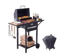 HOMAVO Barbecue Charbon de Bois, Grill de pique-nique, avec Couvercle, Roues, Poignée en Acier Inoxydable, Thermomètre (BBQ2 avec Housse)