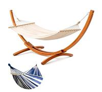 HOMAVO Hamac avec Support en Bois, Ensemble Double Hamac, 200 kg de Charge, 320×120×120 cm, Hauteur Ajustable, pour Jardin, Terrasse & Balcon 27kg (Bleu)