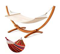 HOMAVO Hamac avec Support en Bois, Ensemble Double Hamac, 200 kg de Charge, 320×120×120 cm, Hauteur Ajustable, pour Jardin, Terrasse & Balcon 27kg (Rouge)