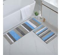 Homaxy Lot de 2 Tapis de Bain Antidérapant, Tapis Salle de Bain Rayé en Microfibre Douce, Absorbant à Poils Longs, Lavable en Machine - 40 x 60 cm + 40 x 120 cm, Bleu/Gris