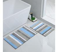 Homaxy Lot de 2 Tapis de Bain Antidérapant, Tapis Salle de Bain Rayé en Microfibre Douce, Absorbant à Poils Longs, Lavable en Machine - 40 x 60 cm + 50 x 80 cm, Bleu/Gris