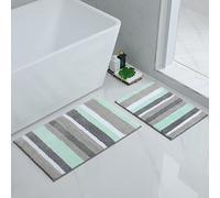 Homaxy Lot de 2 Tapis de Bain Antidérapant, Tapis Salle de Bain Rayé en Microfibre Douce, Absorbant à Poils Longs, Lavable en Machine - 40 x 60 cm + 50 x 80 cm, Vert/Gris