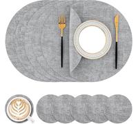 Homaxy Lot de 6 sets de table lavables - Ronds - Diamètre 33 cm - Double face - Imperméables - Antidérapants - En cuir synthétique - Résistants à la chaleur - Avec dessous de verre - Gris clair