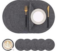 Homaxy Lot de 6 sets de table lavables - Ronds - Diamètre 33 cm - Double face - Imperméables - Antidérapants - En cuir synthétique - Résistants à la chaleur - Avec dessous de verre - Gris foncé