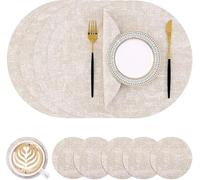Homaxy Lot de 6 sets de table lavables - Ronds - Double face - Imperméables - Antidérapants - En cuir synthétique - Résistants à la chaleur - Avec dessous de verre - Beige