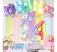 Hombae Décorations de fête d'anniversaire pour 4e anniversaire avec licorne pour filles, kit de fournitures de fête d'anniversaire pour 4e anniversaire arc-en-ciel, guirlande de ballons, ballons en aluminium, rideaux de guirlandes de macarons