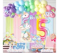 Hombae Décorations de fête d'anniversaire pour 5e anniversaire avec licorne pour filles, kit de fournitures de fête d'anniversaire pour 5e anniversaire arc-en-ciel, guirlande de ballons, ballons en aluminium, rideaux de guirlandes de macarons