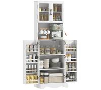 HOMCOM 180cm High Kitchen Sideboard, Pantry Unit with 8 Shelves on the Door, Grommet Hole, Acrylic Doors, Adjustable Shelves, Microwave Top, Rustic, for Dining Room Living Room, White