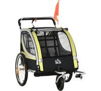 HOMCOM 2 en 1 Remorque enfant pliable Remorque vélo avec roue avant amovible, freins arrière, pour 2 enfants à partir de 18 mois, jusqu'à 26,4 kg, jaune
