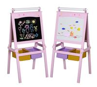 HomCom Chevalet enfant Tableau double face ardoise/blanc, rouleau papier, paniers intégrés MDF Rose