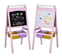 HomCom Chevalet enfant Tableau double face ardoise/blanc, rouleau papier, paniers intégrés MDF Rose