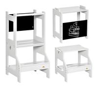 HOMCOM 3 en 1 Tour d'observation Enfant, Tour d'apprentissage avec barreau, Hauts rebords de sécurité et Tableau Noir, marches antidérapantes, Learning Tower, adapté aux Enfants de 3 à 6 Ans, Gris