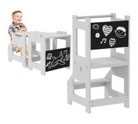 HOMCOM 3 en 1 Tour d'observation Enfant, Tour d'apprentissage avec barreau, Hauts rebords de sécurité et Tableau Noir, marches antidérapantes, Learning Tower, adapté aux Enfants de 3 à 6 Ans, Gris